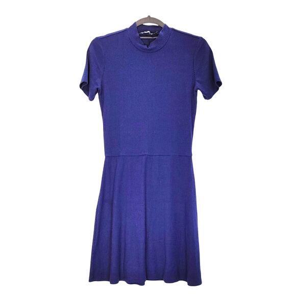 Reformation Stowe Ribbed Mock Neck Mini Dress Short Sleeve Navy Womens Size S - Picture 1 of 7